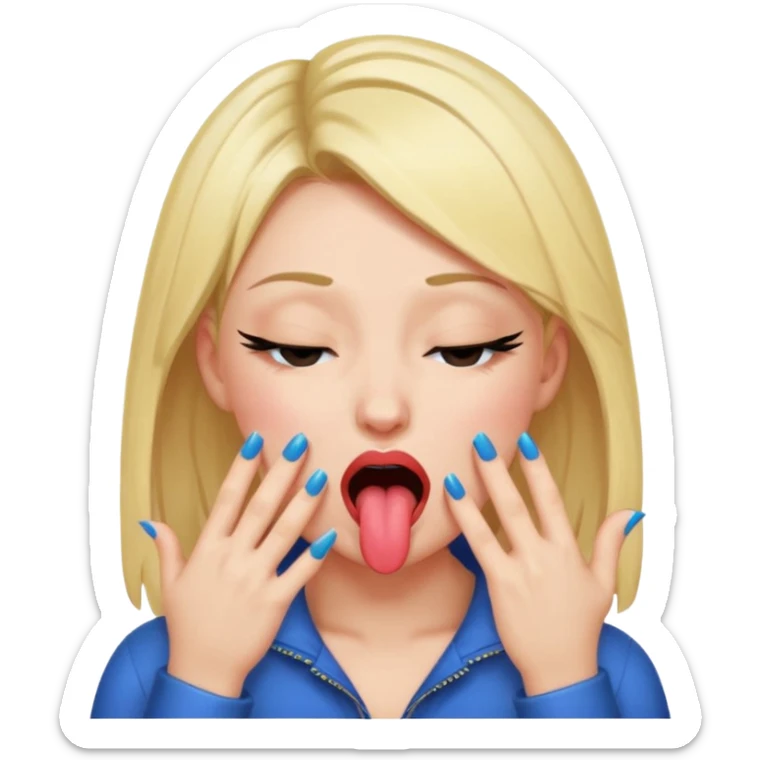 hyped up girl biting down on her tongue eyes closed hands closed with nails thumb sticking out, blushing and has eyelashes sticker