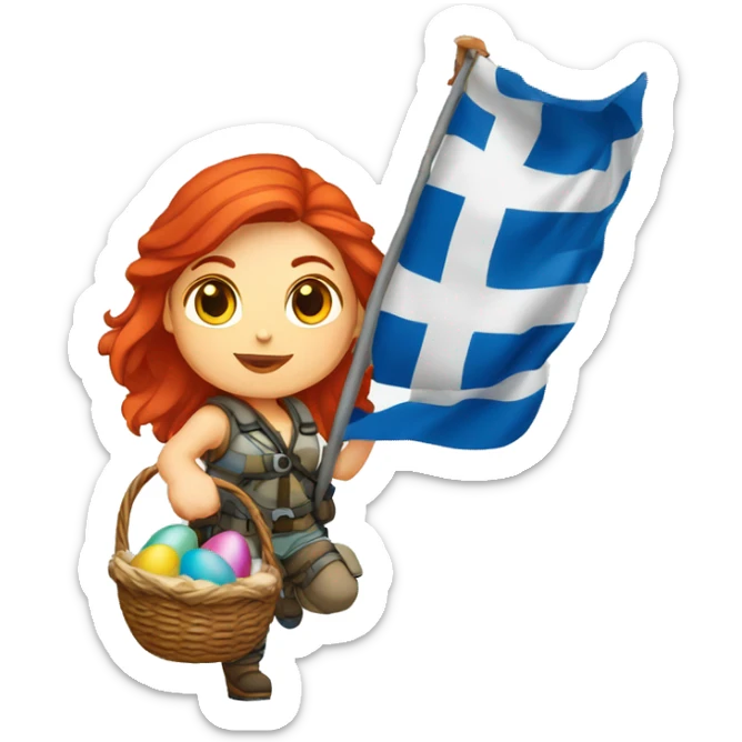 Female winter mountaineer red hair white skin climbing with Greek Flag and Easter eggs basket sticker