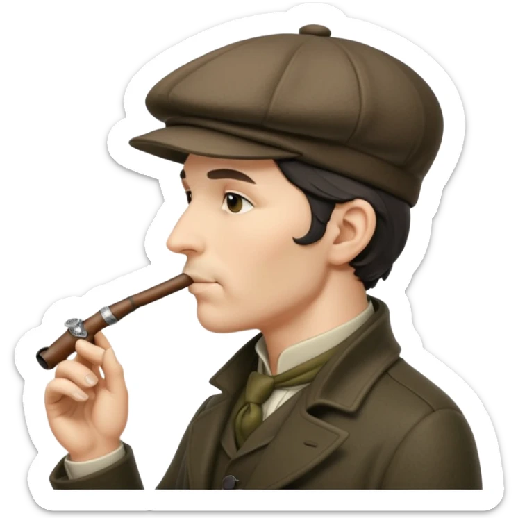 A side view of Sherlock Holmes wearing a deerstalker hat and smoking a meershaum pipe sticker