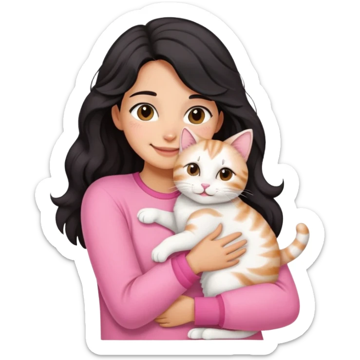 A girl with black wavy hair and light tan skintone, wearing a pink clothes, hugging a tabby white cat while smiling  sticker