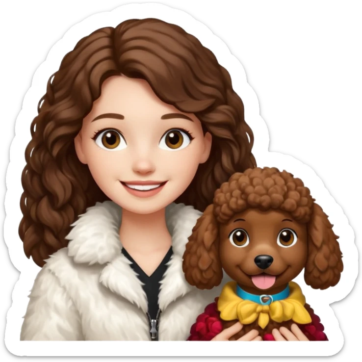 A white girl smiles a broad smile. She parts a long brown hair in middle. and she wears a white fur jacket. She also holds a brown poodle. sticker