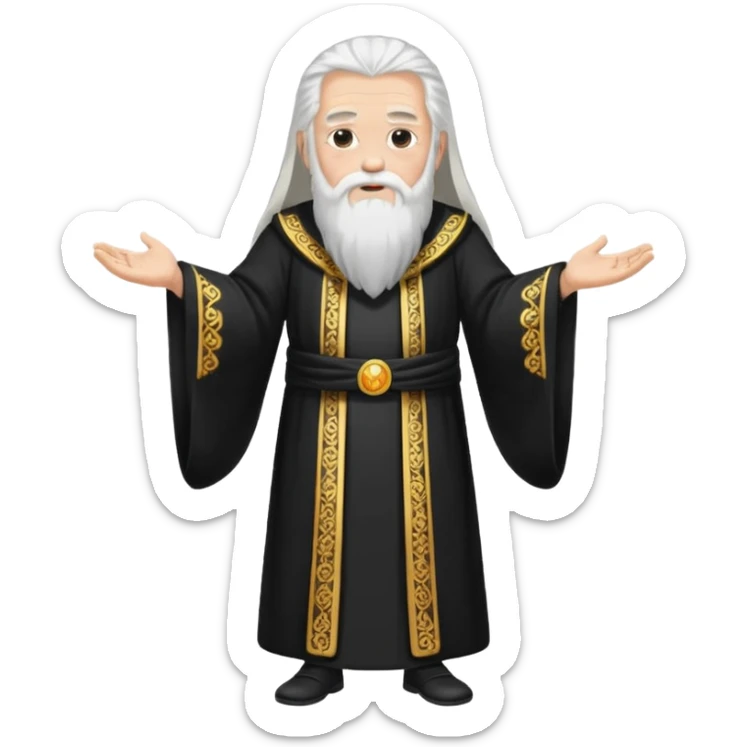 Sumo Sacerdote: persona anciana, barba larga, traje negro largo modo gran imperador, pelo blanco. cuerpo entero sticker