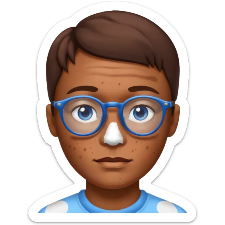 vitiligo emoji, with vitiligo spots around eyes and on the chin. brown hair, blue eyes, wearing glasses  sticker