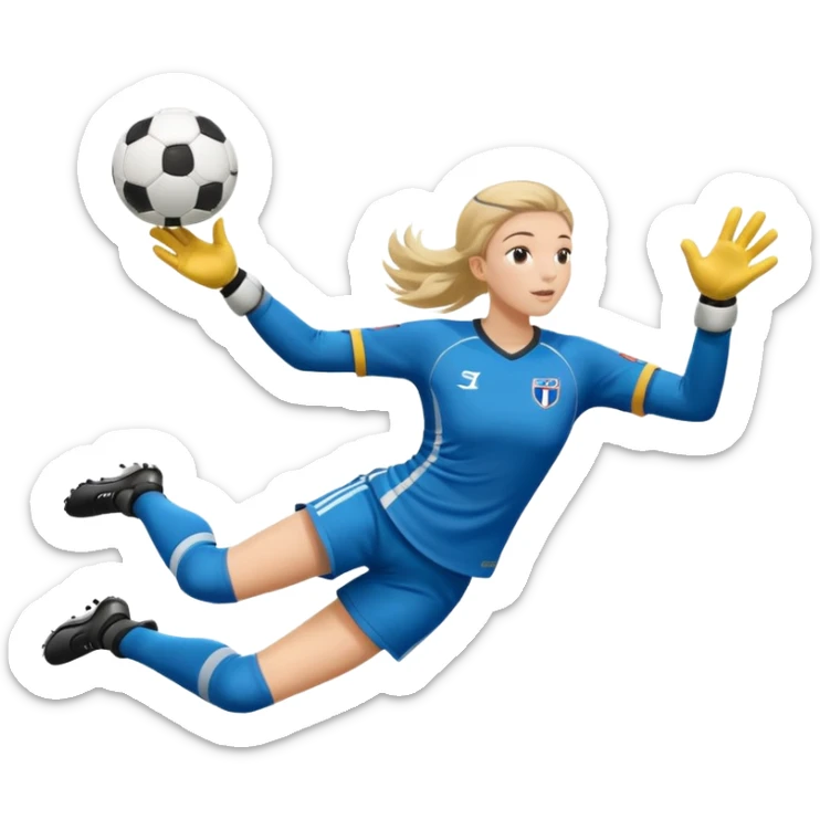 make a girl goalie diving through the air sideways with one soccer ball in her hands  sticker