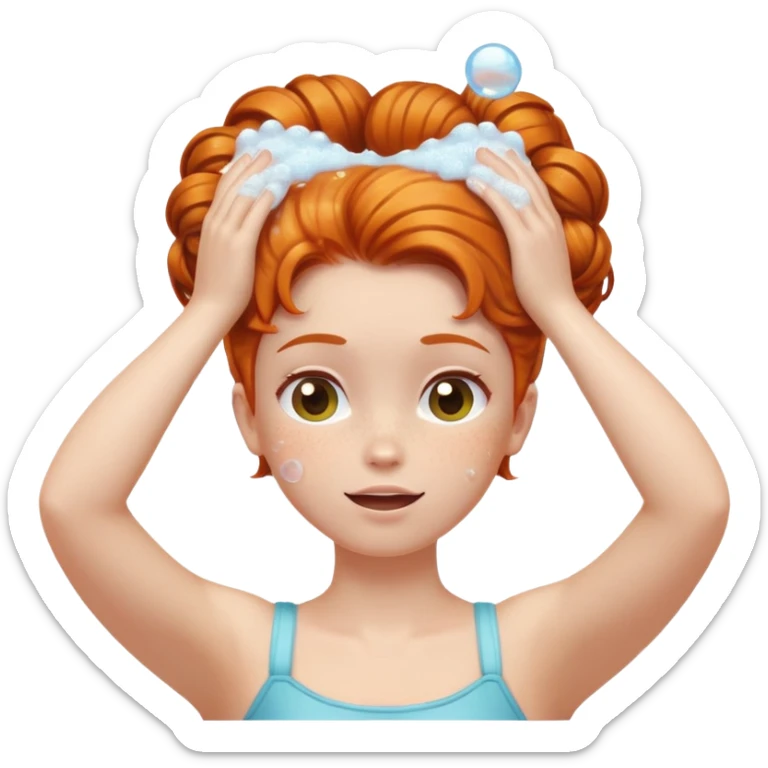 Ginger girl hair up arms up hands on head washing hair soapy bubbles sticker