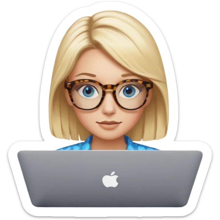  blonde hair woman blue eyes with tortoise shell print glasses on mac book  sticker