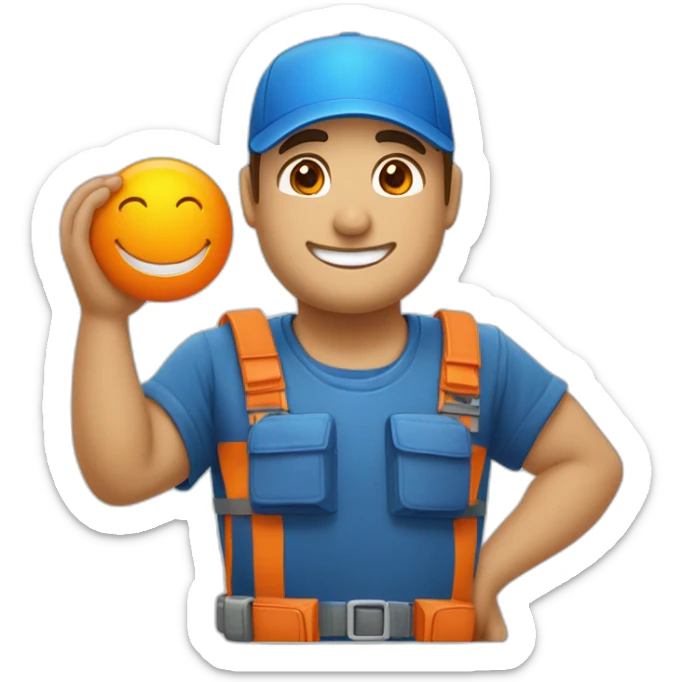 Técnico que repara electrodomésticos, con una gorra naranja y una camisa azul con blanco, feliz con una sonrisa.  sticker