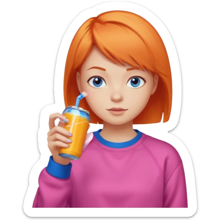 orange short hair girl sipping energy drink, blue eyes, pink sweatshirt sticker
