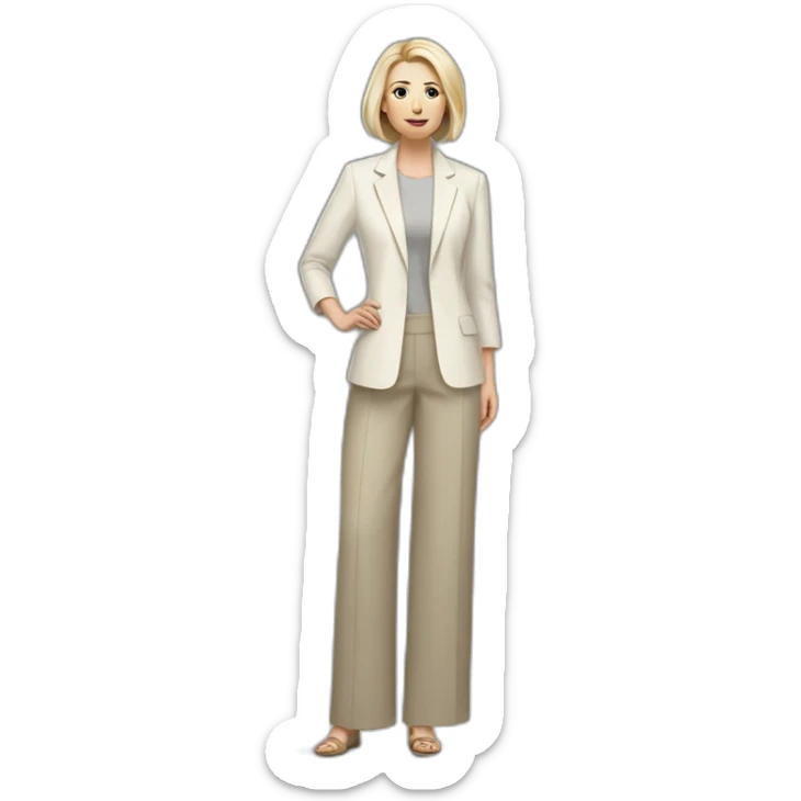 Full height Actively gesturing with hands pale skin woman with ash blonde Straightened bob Hair, White Spacious classical jacket, beige palazzo Arrow pants and gray blouse sticker