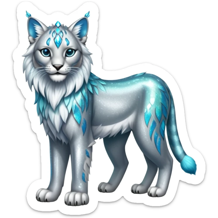 Sparkly shiny Silver and cyan Fairy-type Bobcat-Lynx-Lion-Fakémon full body sticker