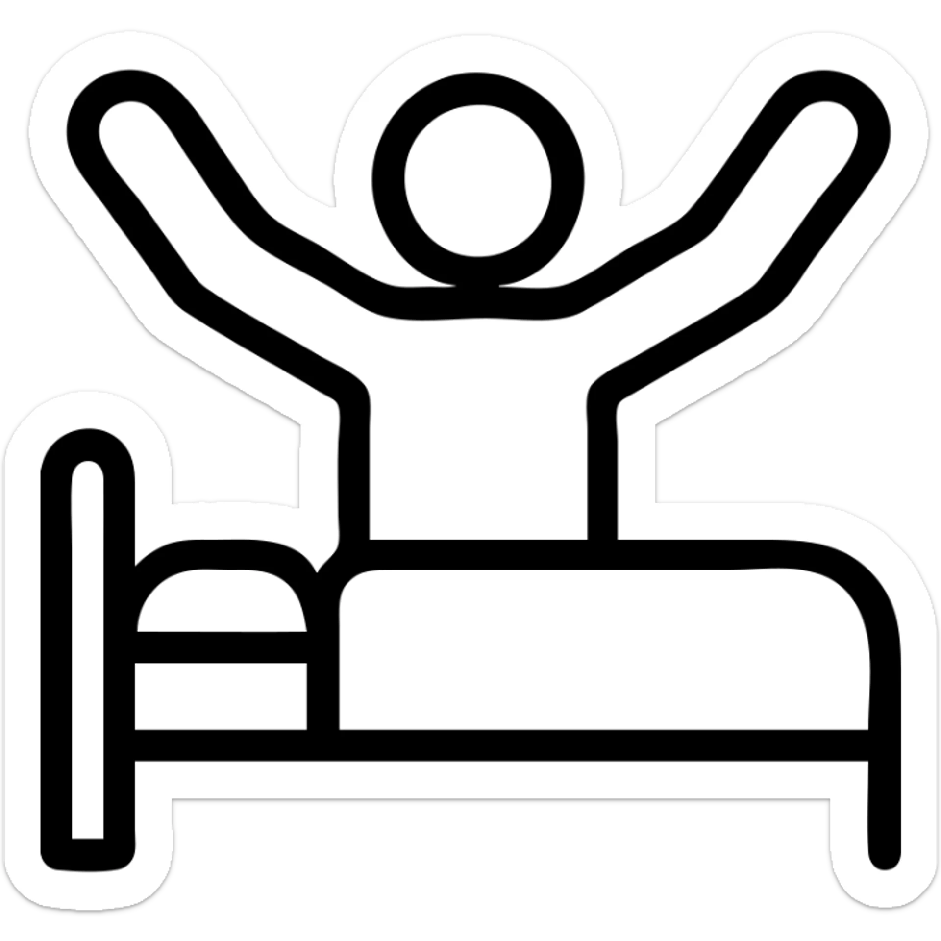 minimal outlined icon of a person stretching and waking up, no fill, black lines sticker