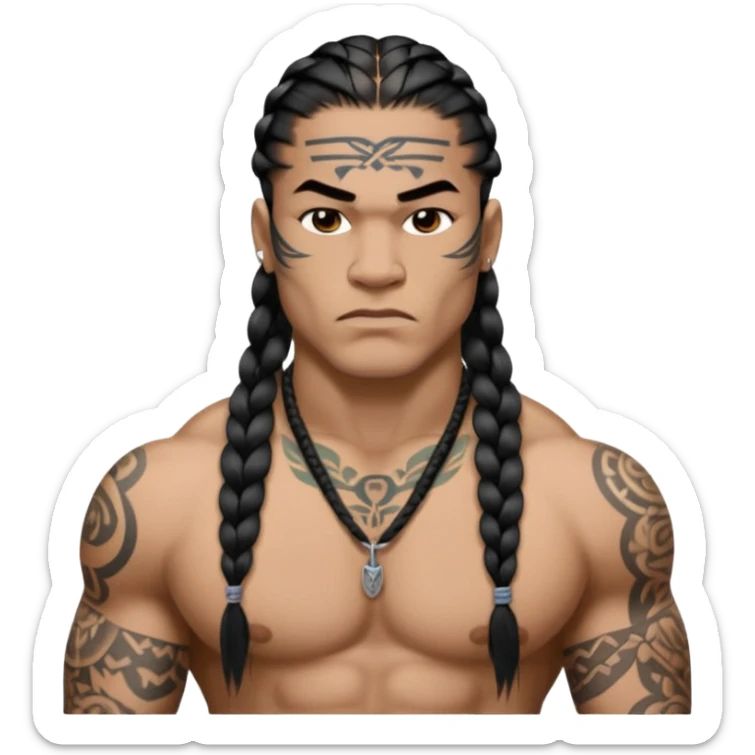 Samoan males with long braided hair, very muscular, tattoos. street culture clothing. Tough and menacing. sticker