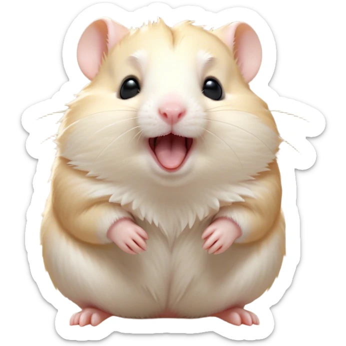 Cinematic Cute Yawning Cream Hamster Portrait Emoji, Head tilted slightly with a dramatic, wide-open yawn, showcasing a soft, pristine cream coat with tiny droopy ears, round dark eyes barely open in drowsy contentment, Simplified yet irresistibly adorable features, highly detailed, glowing with a soft, cozy glow, high shine, relaxed yet expressive, stylized with a touch of whimsy, bright and endearing, soft glowing outline, capturing the essence of a sleepy yet affectionate hamster, so drowsy it feels like it could stretch out of the screen and curl up for a nap! sticker