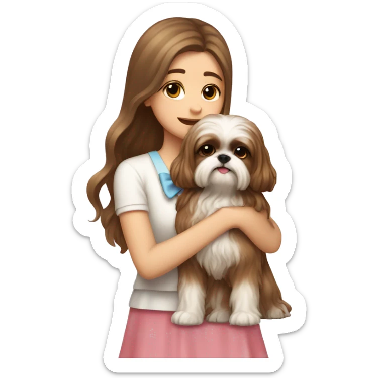 human girl with long wavy brown hair hugging a cream colored shih tzu girl with bow sticker