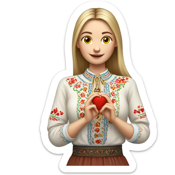 A Ukrainian woman in an embroidered shirt holds a heart in her hands sticker