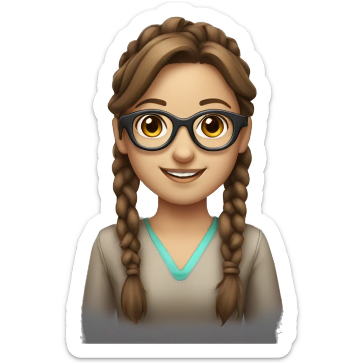 Brown haired young lady with long pigtails, futuristic glasses and a smile sticker