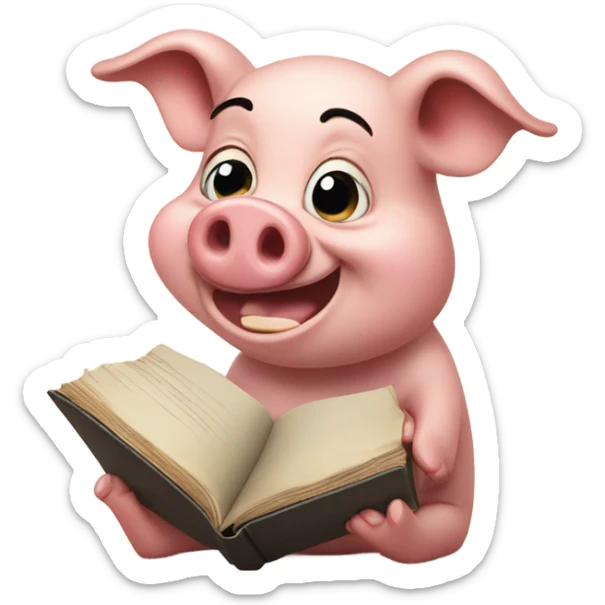 Crying pig with a big smile and eyes that look like and the pig holds a book sticker