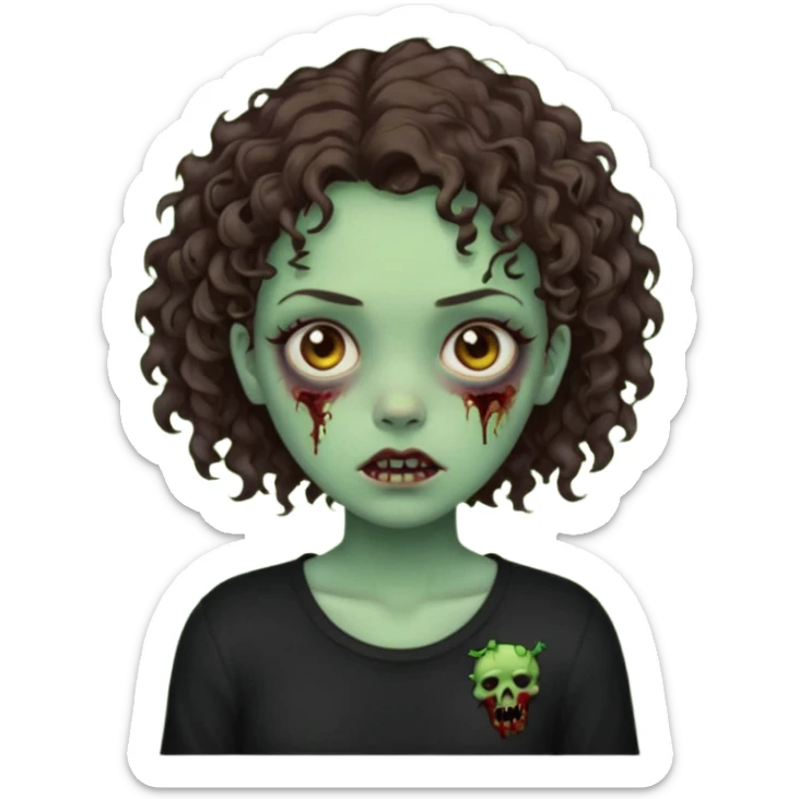 Zombie girl emoji verde um pouco escuro com cabelo curto cacheado castanho no ombro com uma blusa preta sticker