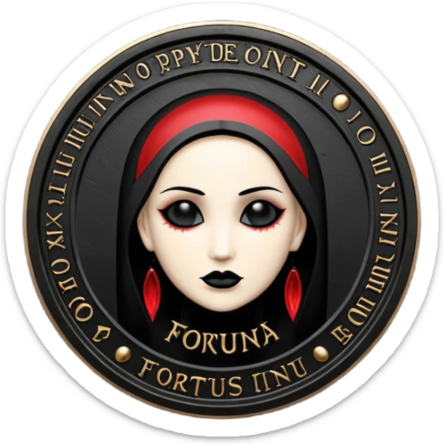 Emoji style, luxury gothic coin made of blackened metal, “FORTUNA” engraved in refined fashion typography, heavy form, subtle worn metal texture, avant-garde editorial aesthetic, no glow, no neon, flat emoji design, centered, transparent background sticker