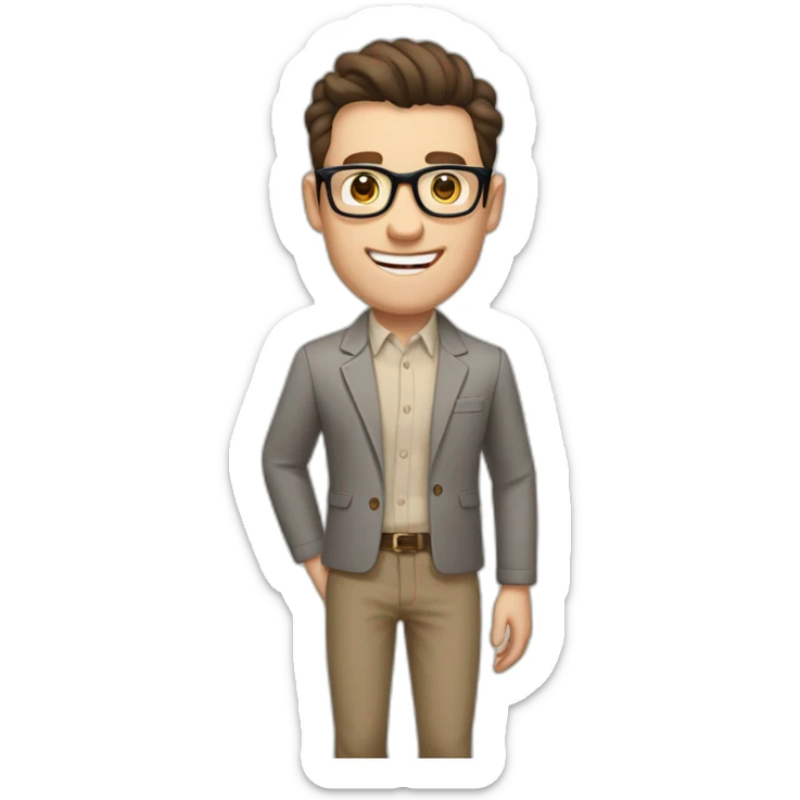 Joyful Pale skinned Fit Man With dark brown hair in gray jacket, beige office shirt, Brown pants and vintage glasses. His thrumbs up sticker