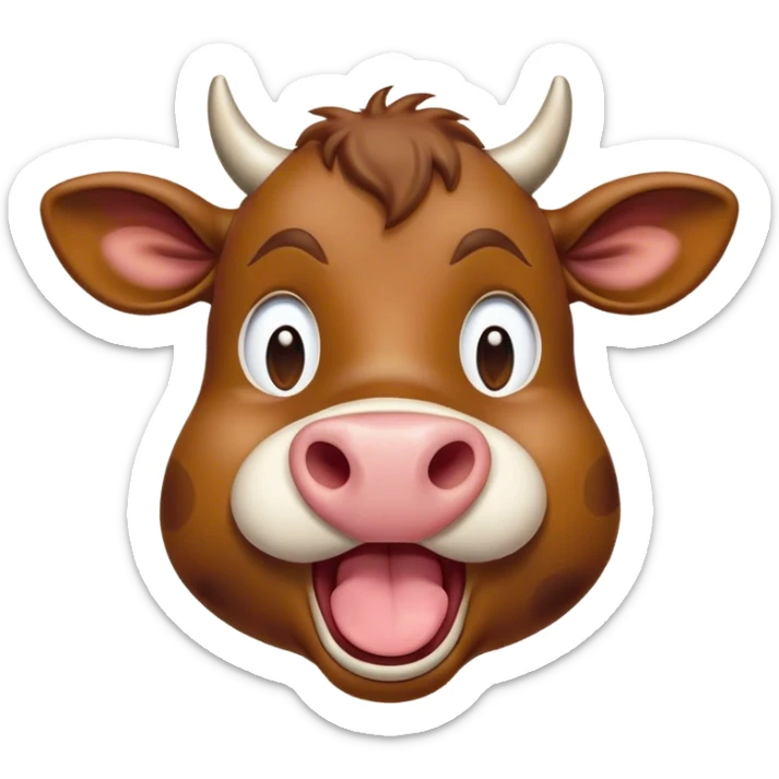 Cinematic Cute Yawning Brown Cow Portrait Emoji, Head tilted slightly with a dramatic, wide-open yawn, showcasing a smooth, rich brown hide with a subtle shine, floppy ears slightly drooping, round brown eyes barely open in drowsy contentment, Simplified yet irresistibly adorable features, highly detailed, glowing with a soft, cozy glow, high shine, relaxed yet expressive, stylized with a touch of pastoral whimsy, bright and endearing, soft glowing outline, capturing the essence of a sleepy yet affectionate cow, so drowsy it feels like it could amble right out of the screen and curl up for a nap! sticker