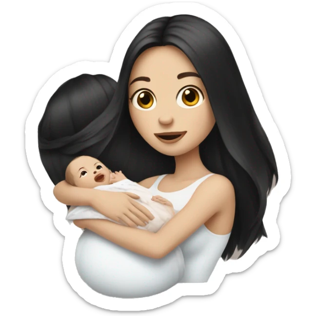 Pale girl with long black hair is holding a pale newborn baby sticker
