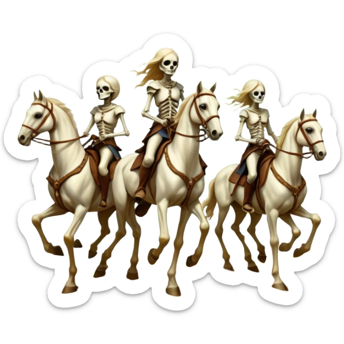 aesthetic brilliant radiant divine lighting, oil paint - ivory Four thin women as riders of the Apocalypse, after a graphic by Albrecht Dürer in a desolate landscape on horse skeletons sticker