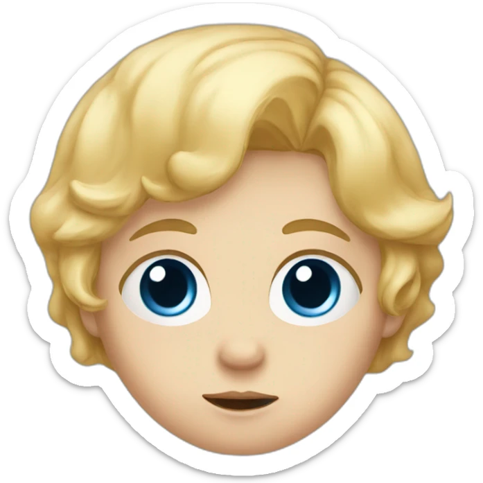 A baby with blond hair, blue eyes and a blue t-shirt and a sad face sticker