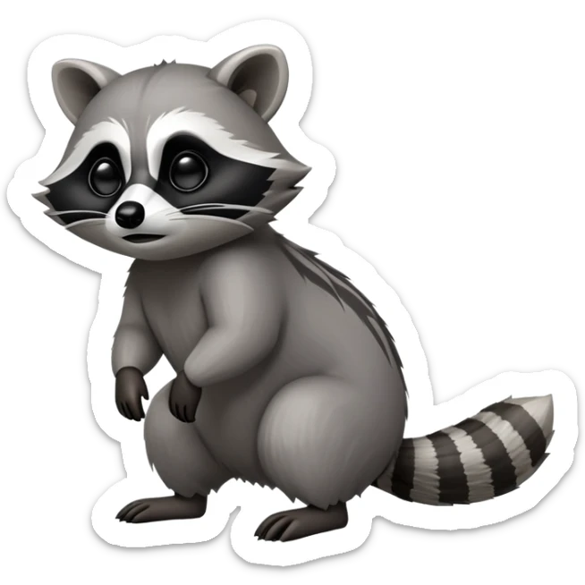 Cinematic-Raccoon-Realistic-hunched Full-Body on all fours-Emoji – Tail flicking lazily, head tilted dramatically, thick grey fur with a signature black mask, sharp and alert ears, simplified yet realistic focused features, highly detailed, glowing with an almost sarcastic glow. big black eyes sticker