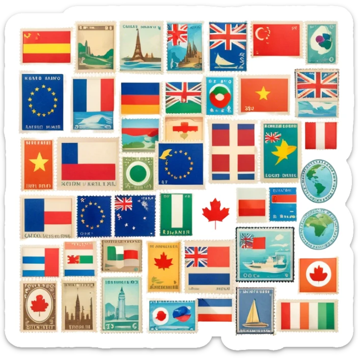 Icon for Stamp Collecting: a collection of vintage and colorful stamps arranged in an album or on a desk, showcasing various countries and themes. The icon should reflect the charm and history of philately. Transparent background. sticker