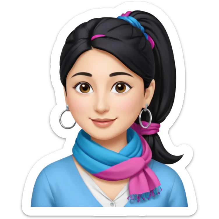 generate a pretty bratz emoji 
Make her wear a white shirt with a colorful blue-pink scarf wrapped around her neck. smiling big. Black hair tied into a side part ponytail, silver hoops and no necklace

She should look exactly  like Kareena Kapoor. kohl under eyes sticker