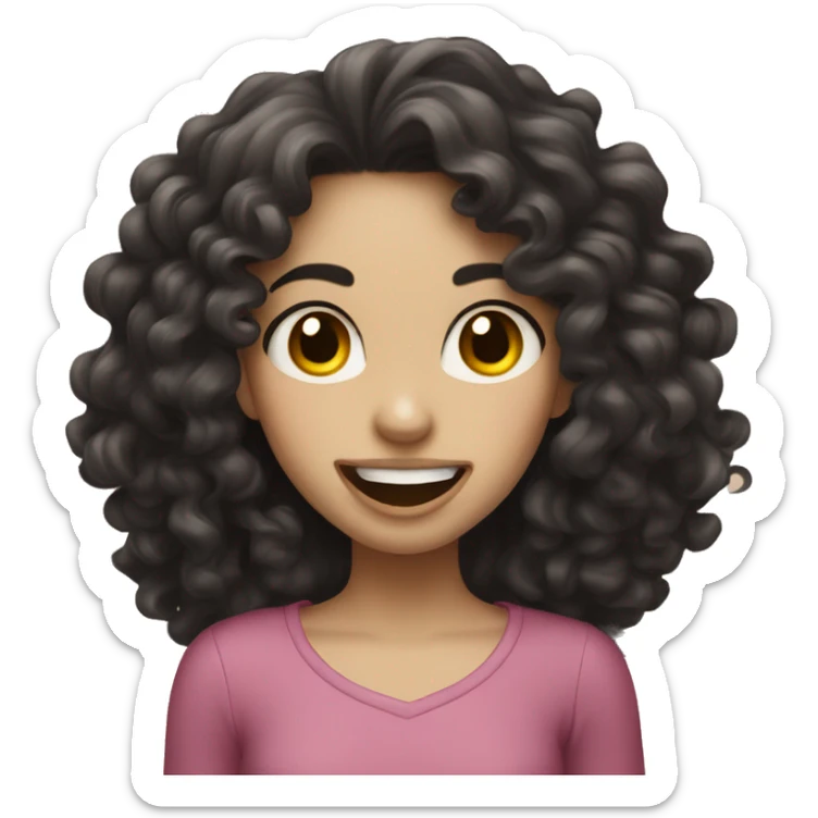 a girl with pale skin, long curly dark hair, sticking her tongue out happily sticker