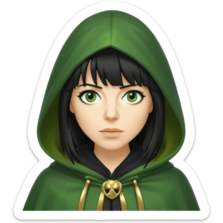 claudia winkleman with a heavy fringe as a traitor with a green hooded cloak with a gold clasp and dark black eyeliner sticker