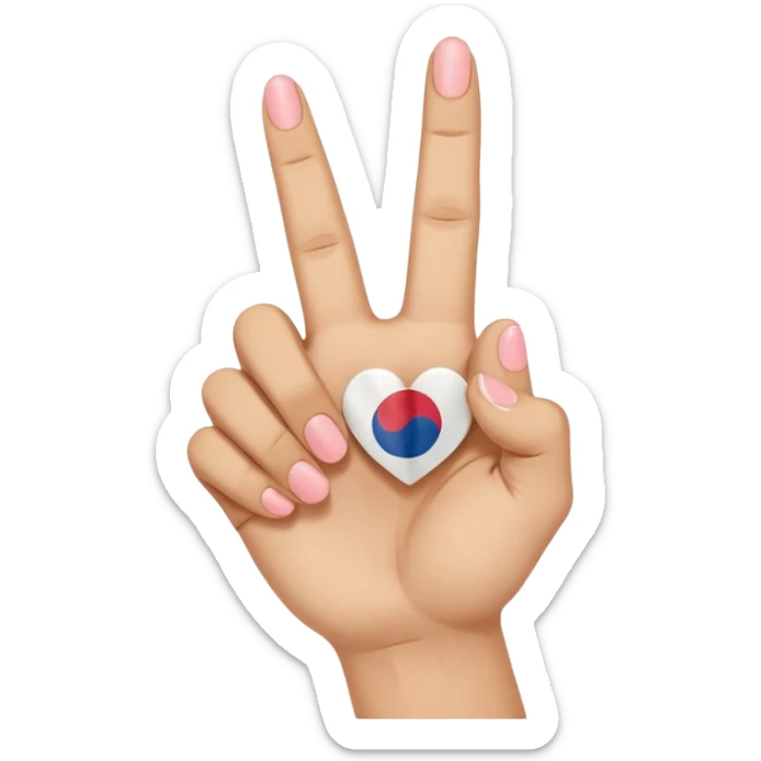 An emoji-style illustration of a hand making the Korean finger heart gesture. The hand should have a cute and expressive cartoon style, resembling modern emojis. Include subtle cultural details like a small South Korean flag on the wrist or background. Bright, colorful, and cheerful aesthetic sticker