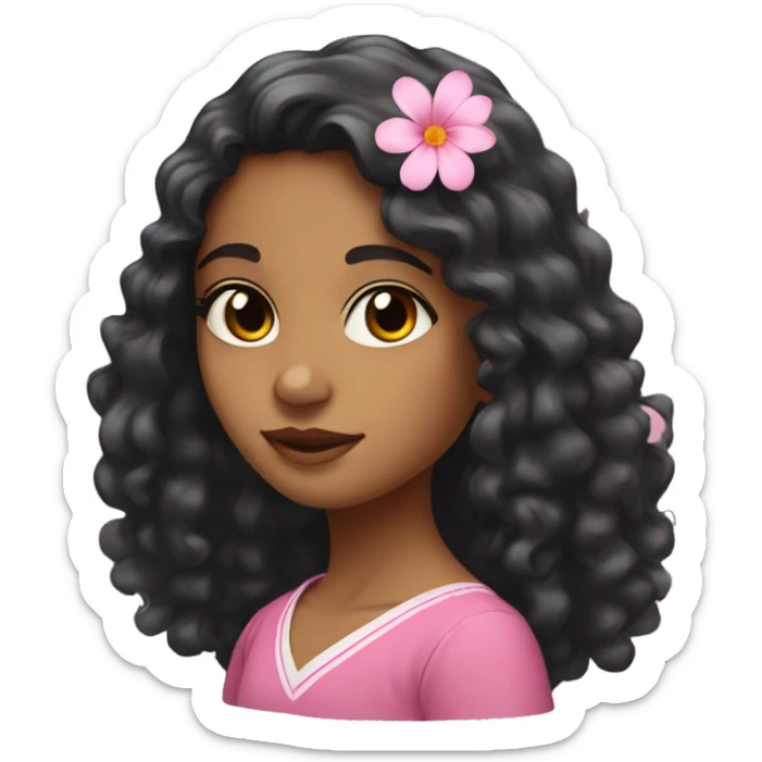 srilankan girl with long black curly hair, almond eyes and a pink flower tucked behind her ear  sticker