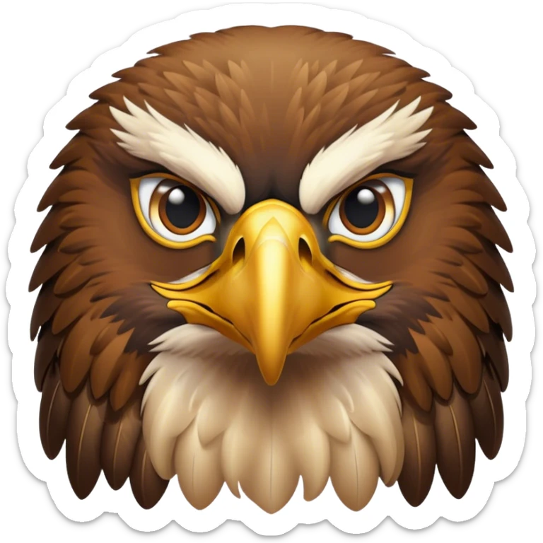 Cinematic Noble Golden Eagle Portrait Emoji, Poised and majestic, with a powerful, broad build, regal hooked beak, and piercing, intense eyes set against richly golden-brown plumage, Simplified yet sharp and sophisticated features, highly detailed, glowing with a soft, amber radiance, high shine, intelligent and commanding, stylized with an air of aerial supremacy, focused and determined, soft glowing outline, capturing the essence of a watchful and confident golden eagle that appears ready to soar out of the screen with effortless authority! sticker