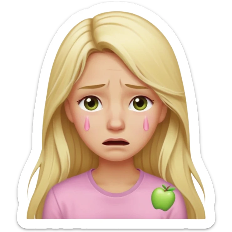 blonde with long hair and swamp-colored eyes, wearing a pastel pink shirt, crying, iOS Apple emoji style sticker