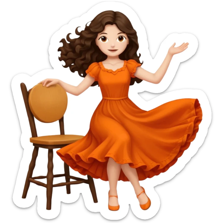 Long dark wavy hair women in orange standing and twirling around a chair  sticker