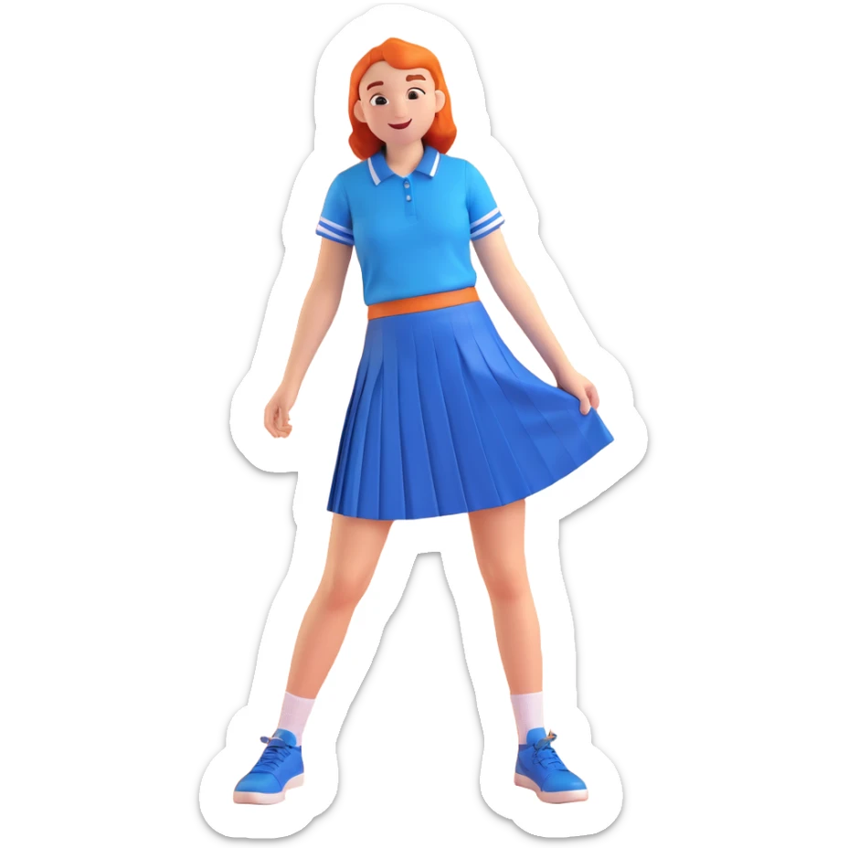 blue pleated school skirt with visible knees, cheerful and rebellious, all-girls school vibe, no text sticker