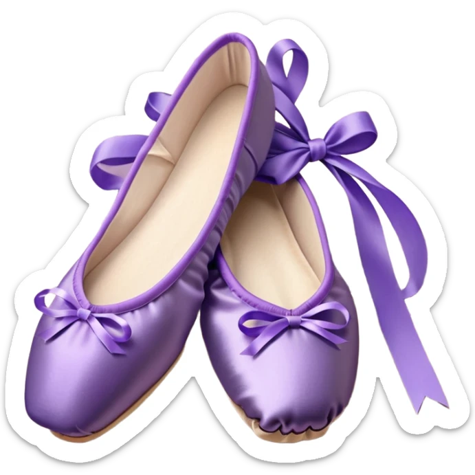 cinematic-realistic-ballet-shoes,-soft-satin-purple-pointe-shoes-with-delicate-ribbons,-resting-gently-on-a-polished-wooden-floor,-subtle-creases-in-the-fabric,-glowing-under-the-warm-golden-light-of-a-rehearsal-studio,-evoking-ele sticker