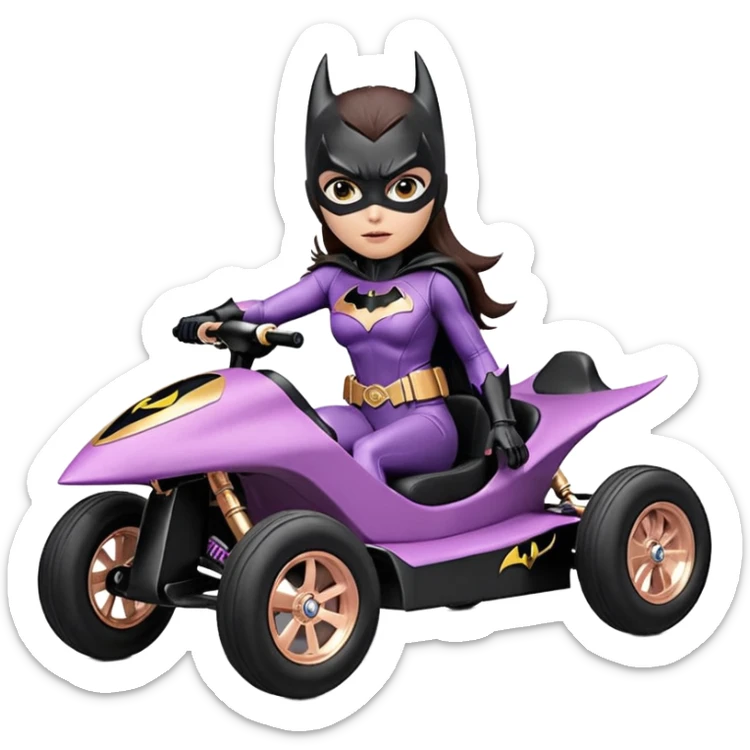 Hot full size real size-appearance electric road racing sexy BatGirl’s feminine midnight-colored tight outfit sixty’s tv show serious dark stealthy sporty safe plush deluxe off-road pursuit cruiser car rose gold accents (black hair,reclined and relaxed torso and shoulders seating position) go kart  sticker