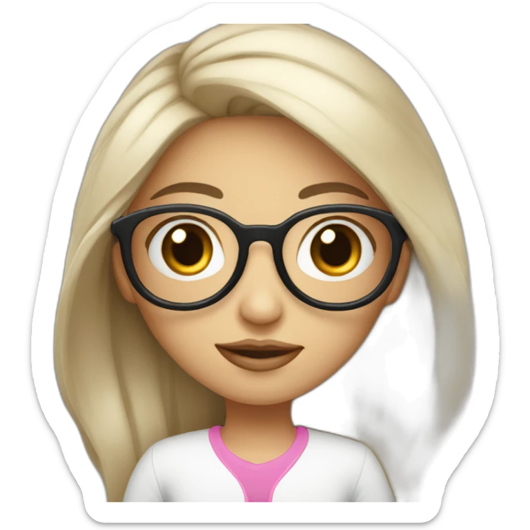 girl programmer with black wavy long hair and white skin and pink lipsand big eyes and Iranian face with rounded glasses sticker