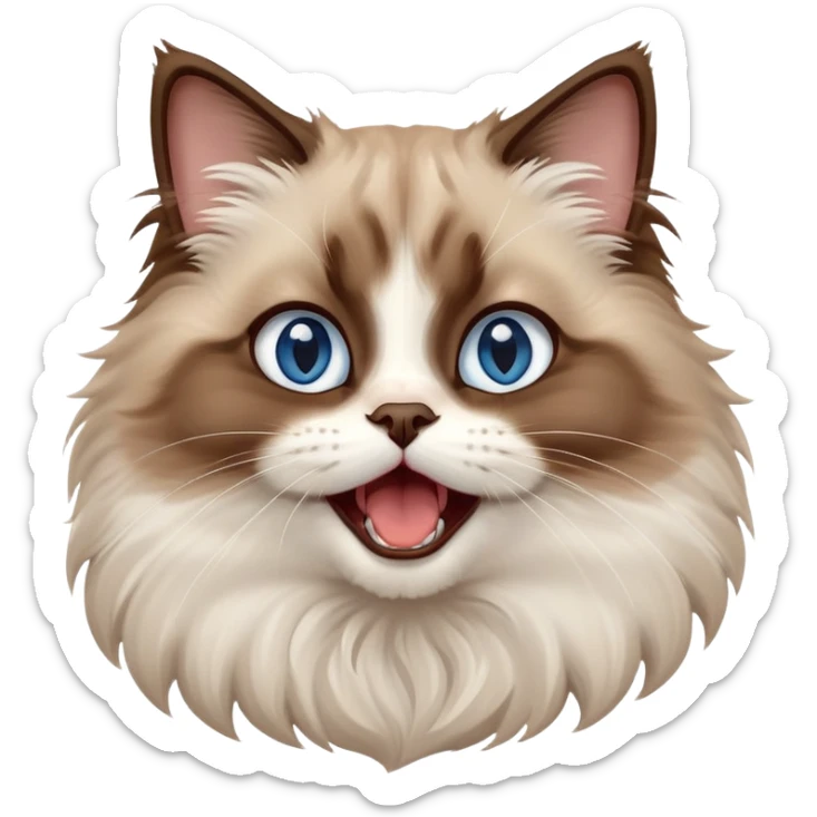 cinematic-adorable-big-eyed-fluffy-brown ragdoll-cat-portrait-emoji,-head-tilted-playfully-with-a-cute,-yawn,-white and brown fur,-simplified-yet-irresistibly-cute-features, blue eyes sticker