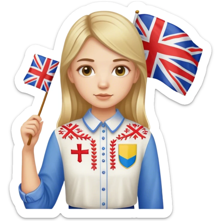 A Ukrainian girl wearing an embroidered shirt holds a British flag sticker