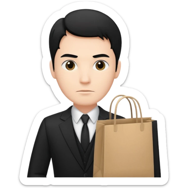 elegant serious man black hair in a black suit with clothing shopping bag sticker