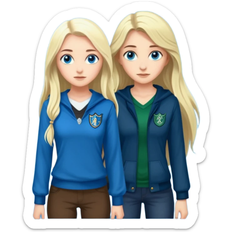 a pretty ravenclaw girl with long dark brown hair and blue eyes standing with a hot Slytherin girl with long blonde hair, blue eyes and big boobs  sticker
