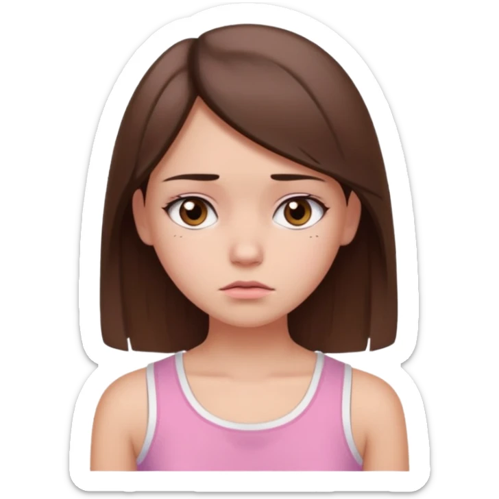 Koyu kahverengi orta boyda düz saçlı koyu kahverengi gözlü pembe beyaz crop tişört kıyafetli  açık tenli kız mutsuz sticker