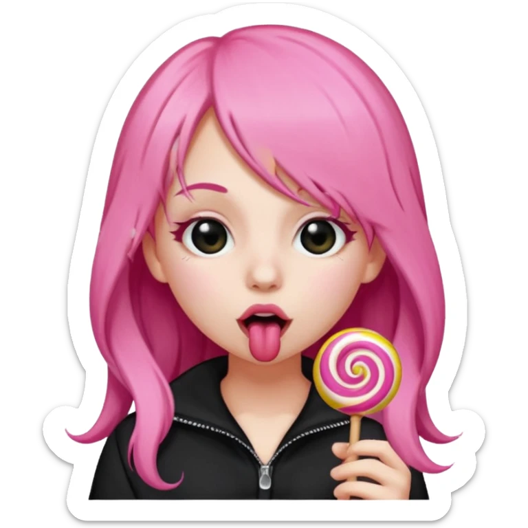 Cute girl with long pink hair wearing black licking a lolli sticker
