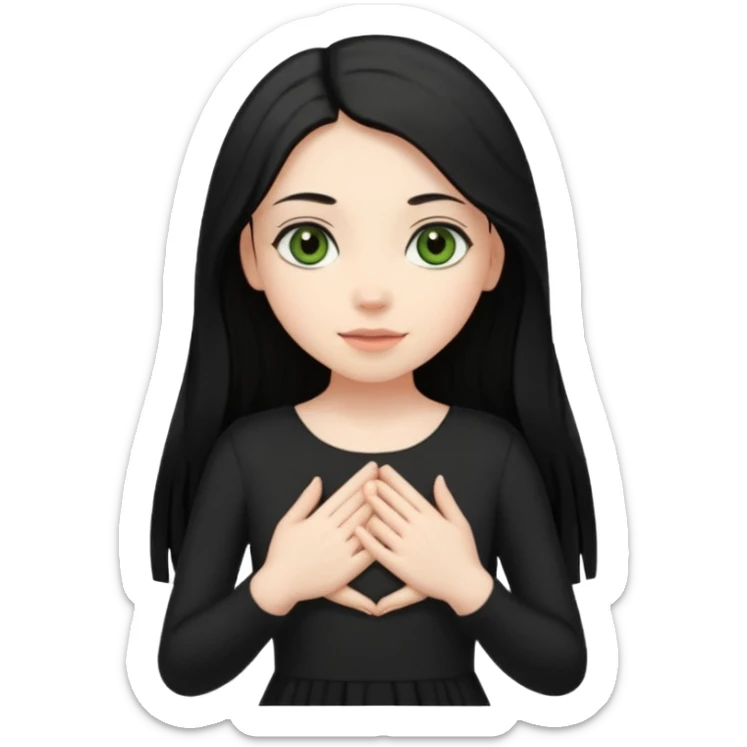 Pale girl with long black hair and olive green eyes soft smile wearing black dress and holding hands over her chest sticker