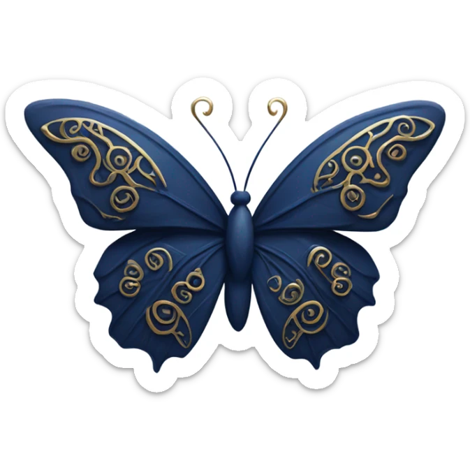 detailed and elegant navy blue butterfly with several gold accents and swirls, single butterfly sticker